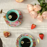 Vintage Bloemen Koffiekop & Schotel Set – Luxe Thee- en Koffieservies met Gouden Lepel – Elegant & Tijdloos