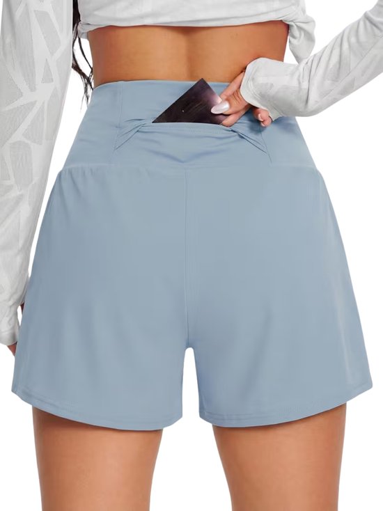 SparkNine Breeze dames short - sportshort - met telefoonzak - dubbellaags met binnenshort - M - lichtblauw - fitness - hoge taille - ademend & sneldrogend
