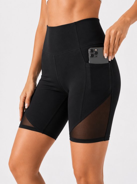 SparkNine Powermesh dames short - korte broek- fitness - stijlvolle mesh - met zakken - L - zwart - high-waist - ademend & squatproof