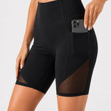 SparkNine Powermesh dames short - korte broek- fitness - stijlvolle mesh - met zakken - L - zwart - high-waist - ademend & squatproof