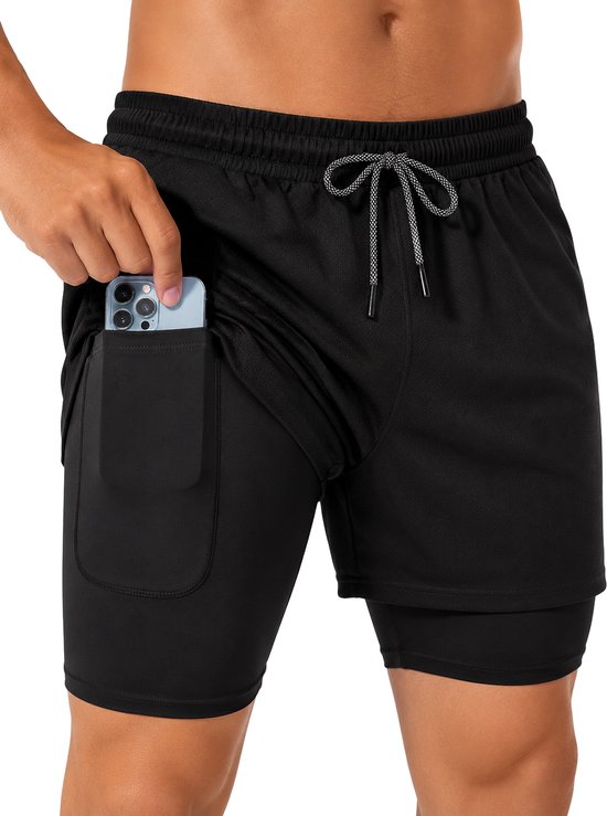 SparkNine Stridex fitness short heren - dubbellaags - met telefoonzak - M - zwart - sneldrogend - met handdoeklus & zakken - functioneel & comfortabel