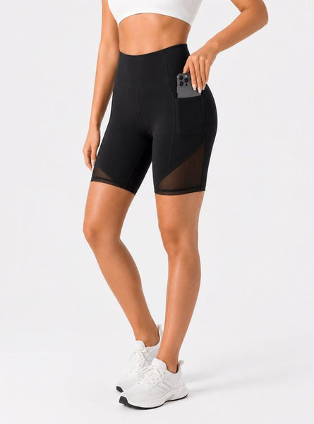 SparkNine Powermesh dames short - korte broek- fitness - stijlvolle mesh - met zakken - M - zwart - high-waist - ademend & squatproof