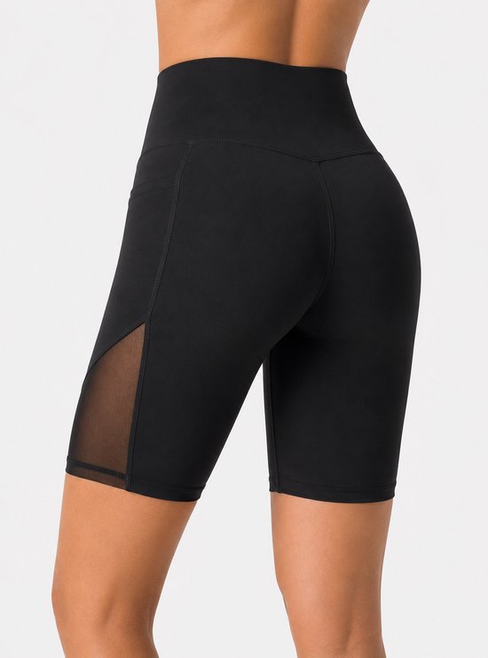 SparkNine Powermesh dames short - korte broek- fitness - stijlvolle mesh - met zakken - M - zwart - high-waist - ademend & squatproof