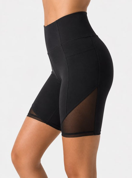 SparkNine Powermesh dames short - korte broek- fitness - stijlvolle mesh - met zakken - M - zwart - high-waist - ademend & squatproof