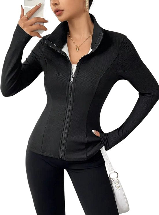 SparkNine Sleekzip fleece vest - met ritssluiting & hoge kraag - S - zwart - voor dames - extra warm - dikke fleecevoering - lange mauwen