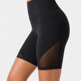 SparkNine Powermesh dames short - korte broek- fitness - stijlvolle mesh - met zakken - L - zwart - high-waist - ademend & squatproof