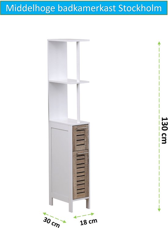 Badkamerkast Stockholm met 2 deuren en 2 legplanken 30x18x130 cm