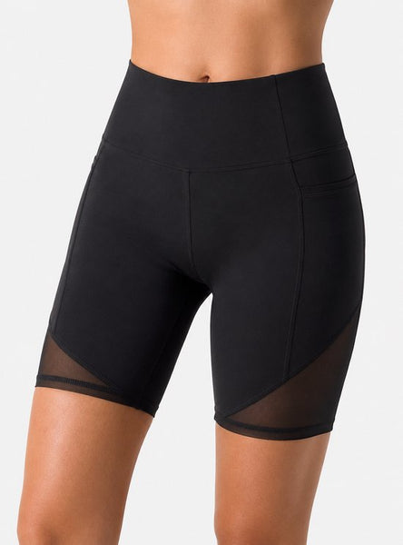 SparkNine Powermesh dames short - korte broek- fitness - stijlvolle mesh - met zakken - L - zwart - high-waist - ademend & squatproof