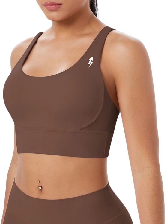 SparkNine Elevate sport-bh - L - bruin - gekruiste rug - push-up effect - stevige ondersteuning - met uitneembare pads