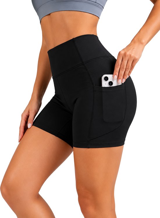 SparkNine Pace dames short - fitness - korte sportbroek - XXL - zwart - hoge taille - met zakken - elastisch - squatproof