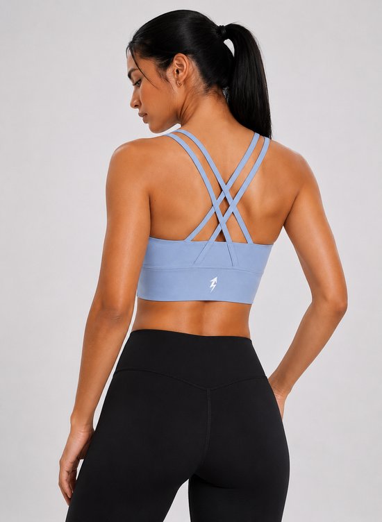 SparkNine Elevate sport-bh - L - lichtblauw - gekruiste rug - push-up effect - stevige ondersteuning - met uitneembare pads