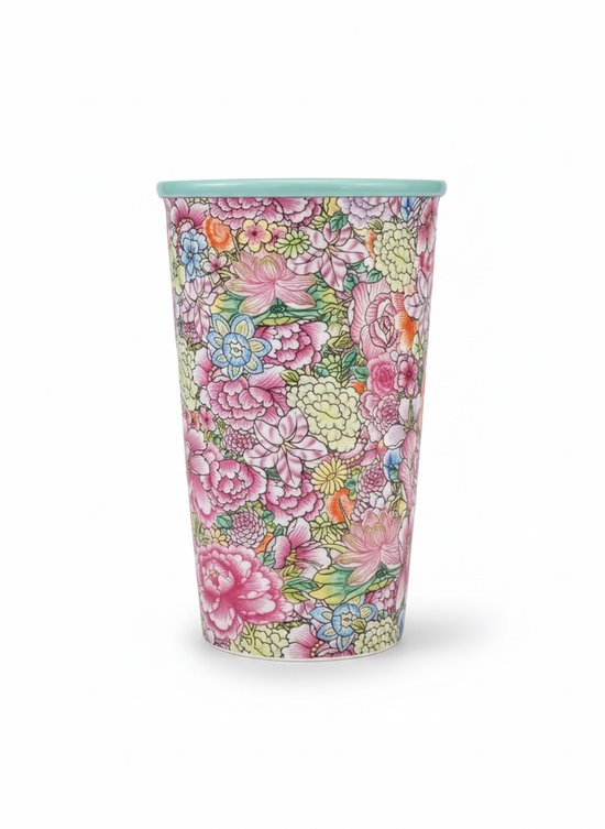 Koffiebeker 300 ml – Bloemen Design met Turquoise Glazuur – Slanke Theebeker & Koffiemok – Handzaam & Stijlvol