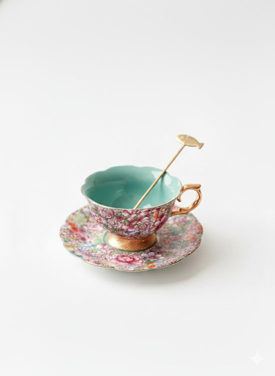 Vintage Bloemen Koffiekop & Schotel Set – Luxe Thee- en Koffieservies met Gouden Lepel – Elegant & Tijdloos