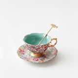 Vintage Bloemen Koffiekop & Schotel Set – Luxe Thee- en Koffieservies met Gouden Lepel – Elegant & Tijdloos