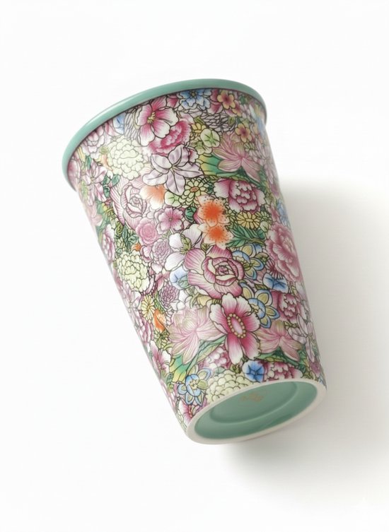 Koffiebeker 300 ml – Bloemen Design met Turquoise Glazuur – Slanke Theebeker & Koffiemok – Handzaam & Stijlvol