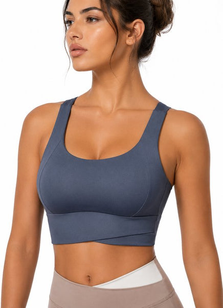 SparkNine Flexaura sport BH - stijlvolle sportbeha - ingebouwde pads - L - blauw - high support ondersteuning - cross design