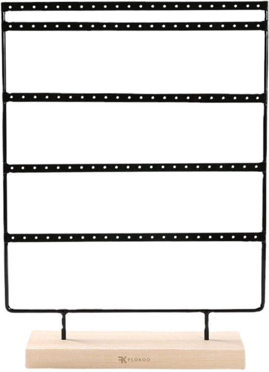 Sieradenrek met Houten Voet – Oorbellen Houder Staand – Sieraden Organizer 4 Rijen – Metalen Display Standaard – Oorbellen Display 36 cm – Sieradenhouder voor Oorbellen & Sieraden