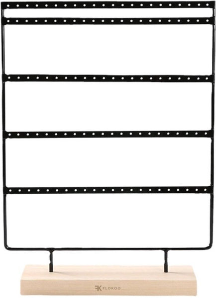 Sieradenrek met Houten Voet – Oorbellen Houder Staand – Sieraden Organizer 4 Rijen – Metalen Display Standaard – Oorbellen Display 36 cm – Sieradenhouder voor Oorbellen & Sieraden