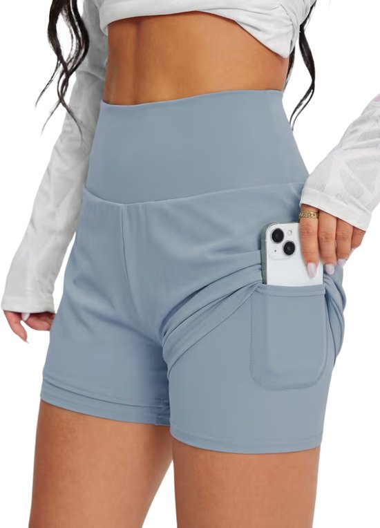 SparkNine Breeze dames short - sportshort - met telefoonzak - dubbellaags met binnenshort - M - lichtblauw - fitness - hoge taille - ademend & sneldrogend