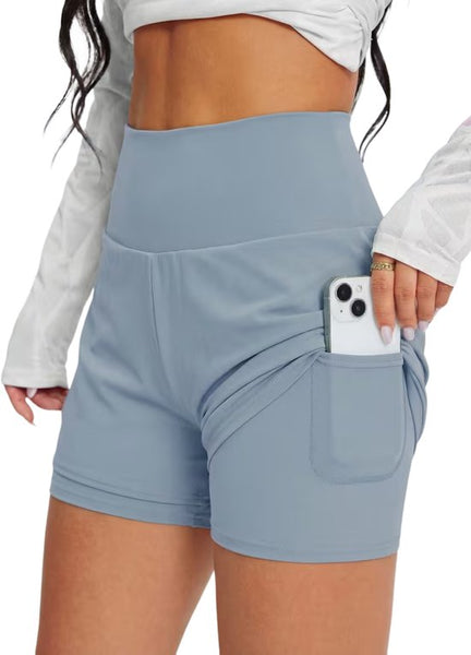 SparkNine Breeze dames short - sportshort - met telefoonzak - dubbellaags met binnenshort - M - lichtblauw - fitness - hoge taille - ademend & sneldrogend