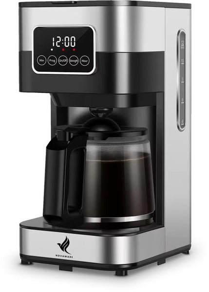 NovaWare Koffiezetapparaat Filterkoffie - 1.5L – Met Glazen Kan & Herbruikbaar Filter - Koffiemachines - Display – 12 Kopjes – Zwart-RVS