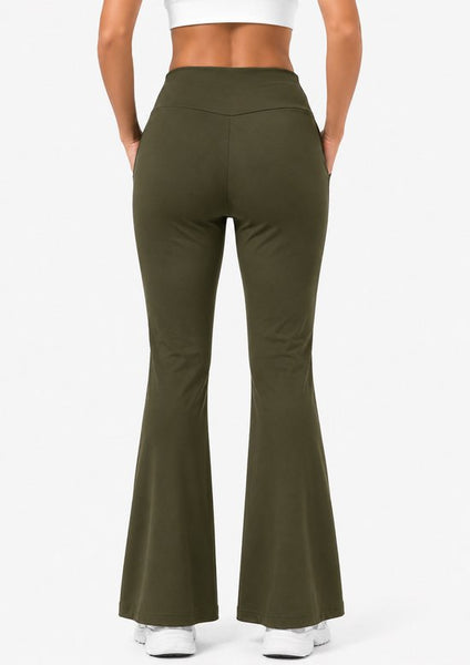 SparkNine Horizon flare broek - dames legging met zakken - petite pijplengte - S - legergroen - hoge taille - stijlvol & elastisch - sportlegging