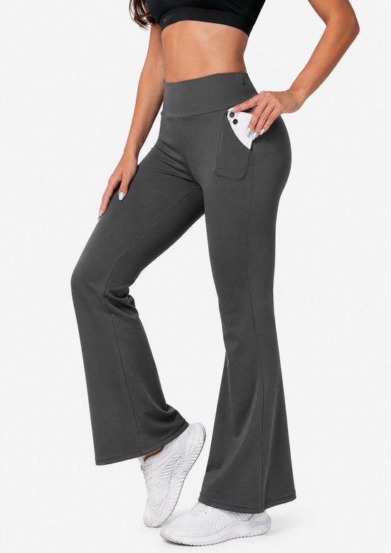 SparkNine Horizon flare broek - dames legging met zakken - petite pijplengte - XXL - grijs - hoge taille - stijlvol & elastisch - sportlegging