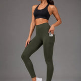 SparkNine Pacepocket dames sportlegging - met handige zakken - L - groen - hoge taille - elastisch - squatproof - niet doorschijnend