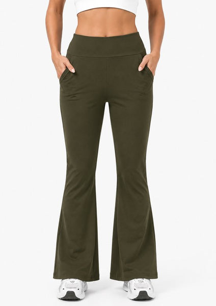 SparkNine Horizon flare broek - dames legging met zakken - petite pijplengte - XL - legergroen - hoge taille - stijlvol & elastisch - sportlegging