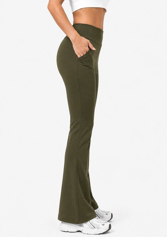 SparkNine Horizon flare broek - dames legging met zakken - petite pijplengte - S - legergroen - hoge taille - stijlvol & elastisch - sportlegging
