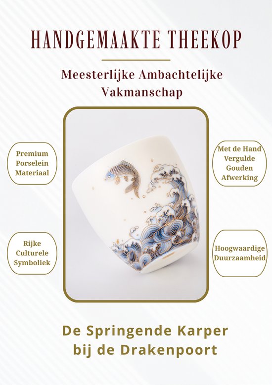 Handgemaakte Porseleinen Theekop – De Springende Karper bij de Drakenpoort – Luxe Theebeker met Gouden Afwerking – Premium Geschenkset