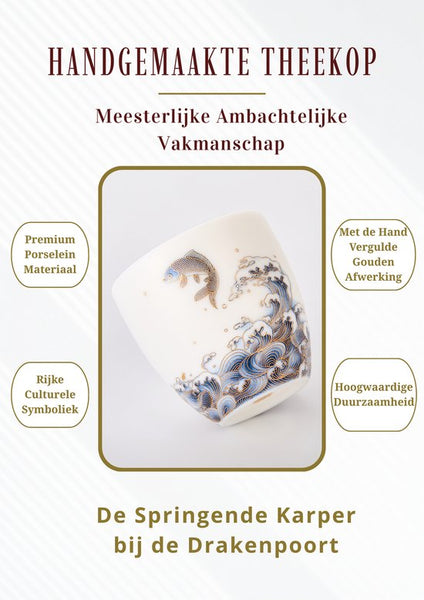 Handgemaakte Porseleinen Theekop – De Springende Karper bij de Drakenpoort – Luxe Theebeker met Gouden Afwerking – Premium Geschenkset