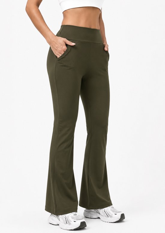 SparkNine Horizon flare broek - dames legging met zakken - petite pijplengte - S - legergroen - hoge taille - stijlvol & elastisch - sportlegging
