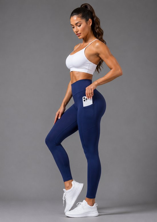 SparkNine Pacepocket dames sportlegging - met handige zakken - XS - blauw - hoge taille - elastisch - squatproof - niet doorschijnend