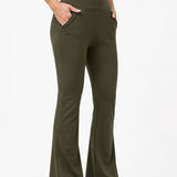 SparkNine Horizon flare broek - dames legging met zakken - petite pijplengte - M - legergroen - hoge taille - stijlvol & elastisch - sportlegging