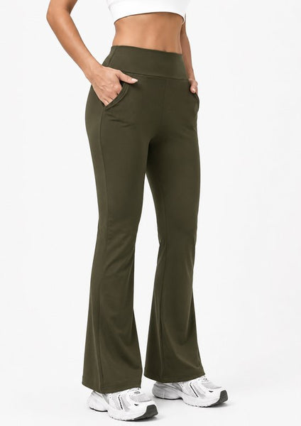 SparkNine Horizon flare broek - dames legging met zakken - petite pijplengte - M - legergroen - hoge taille - stijlvol & elastisch - sportlegging