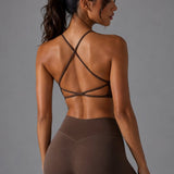 SparkNine Breeze sportbeha - beugelloos - kruislingsbandjes - XL - bruin - ademend - open rug - met verwijderbare vulling