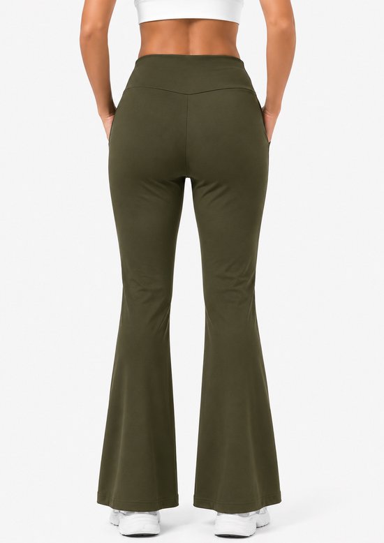 SparkNine Horizon flare broek - dames legging met zakken - petite pijplengte - M - legergroen - hoge taille - stijlvol & elastisch - sportlegging