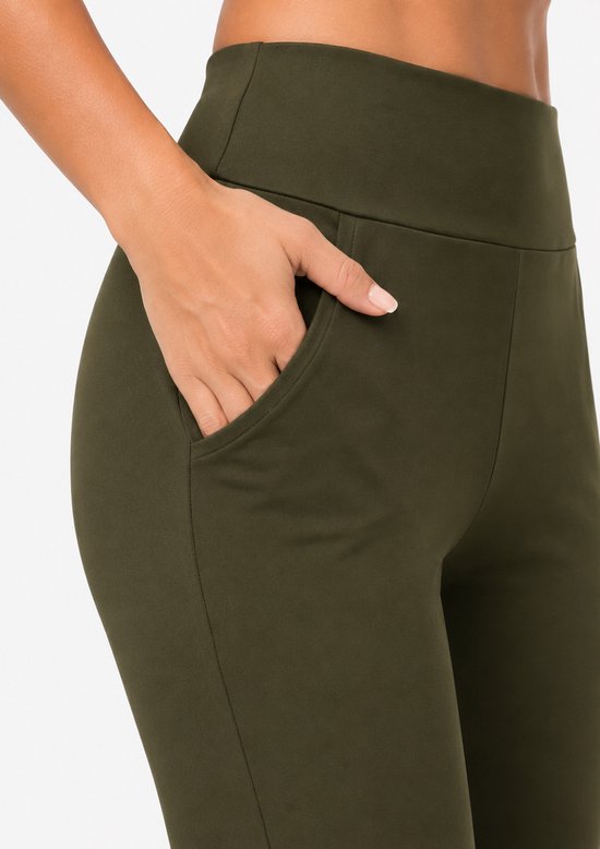 SparkNine Horizon flare broek - dames legging met zakken - petite pijplengte - XL - legergroen - hoge taille - stijlvol & elastisch - sportlegging