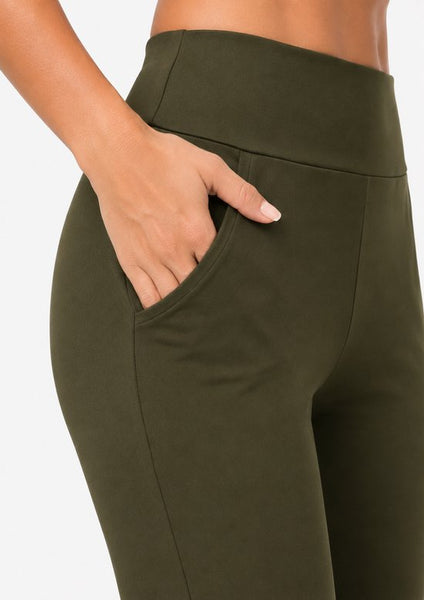 SparkNine Horizon flare broek - dames legging met zakken - petite pijplengte - XL - legergroen - hoge taille - stijlvol & elastisch - sportlegging