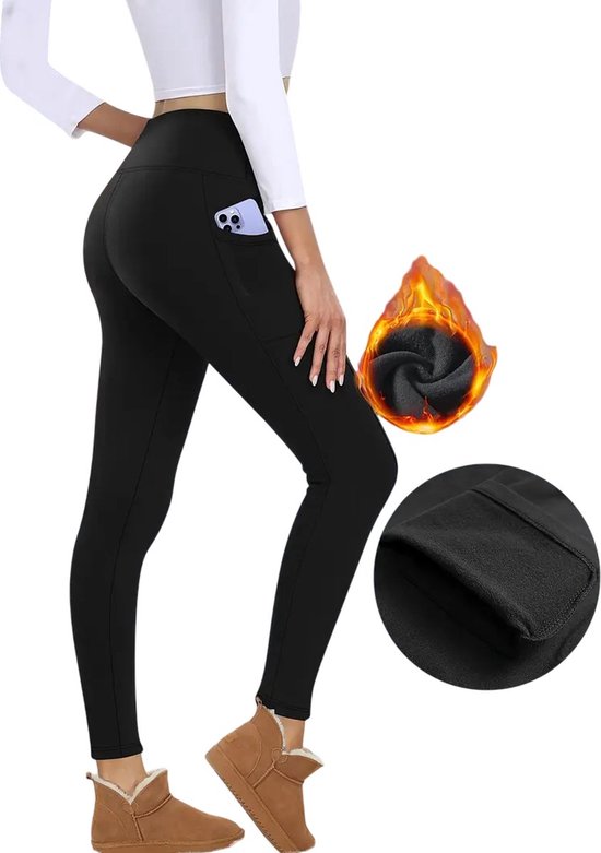 SparkNine Strongfleece legging - fleecegevoerd - met zakken - XL - zwart - zacht & warm - winter legging