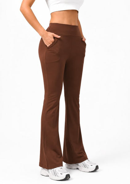 SparkNine Horizon flare broek - dames legging met zakken - petite pijplengte - S - bruin - hoge taille - stijlvol & elastisch - sportlegging