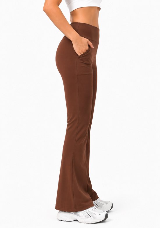 SparkNine Horizon flare broek - dames legging met zakken - petite pijplengte - XXL - bruin - hoge taille - stijlvol & elastisch - sportlegging