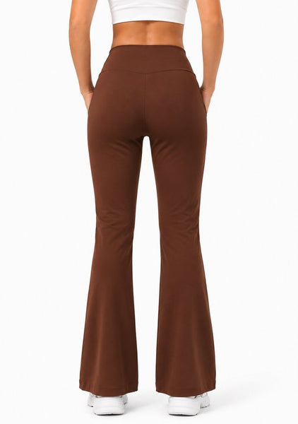 SparkNine Horizon flare broek - dames legging met zakken - petite pijplengte - XXL - bruin - hoge taille - stijlvol & elastisch - sportlegging