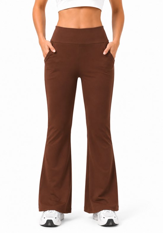 SparkNine Horizon flare broek - dames legging met zakken - petite pijplengte - S - bruin - hoge taille - stijlvol & elastisch - sportlegging