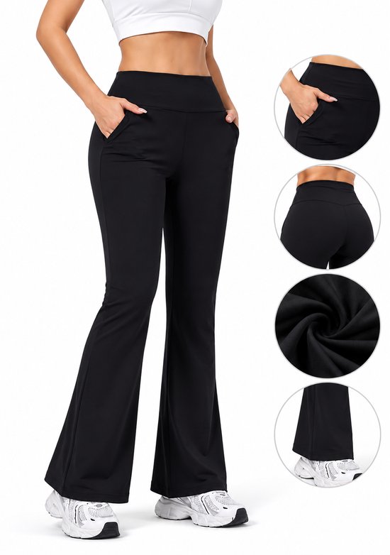 SparkNine Horizon flare broek - dames legging met zakken - petite pijplengte - XXL - zwart - hoge taille - stijlvol & elastisch - sportlegging