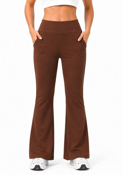 SparkNine Horizon flare broek - dames legging met zakken - petite pijplengte - XXL - bruin - hoge taille - stijlvol & elastisch - sportlegging
