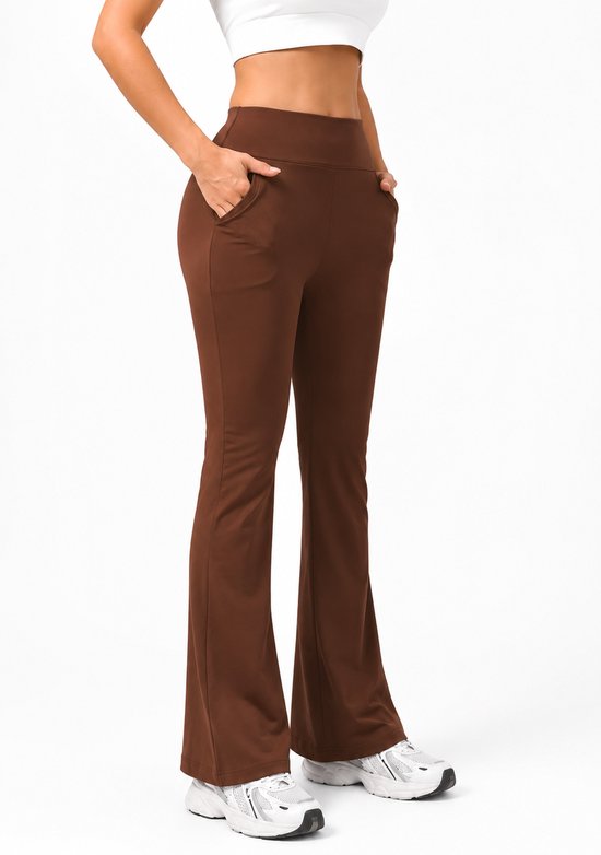 SparkNine Horizon flare broek - dames legging met zakken - petite pijplengte - XXL - bruin - hoge taille - stijlvol & elastisch - sportlegging