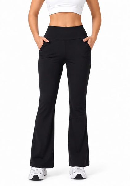 SparkNine Horizon flare broek - dames legging met zakken - petite pijplengte - XXL - zwart - hoge taille - stijlvol & elastisch - sportlegging