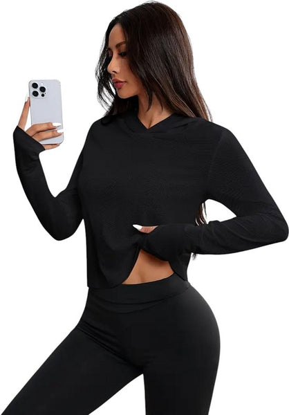SparkNine Blaze sport hoodie - met capuchon & stijlvolle print - XL - zwart - sporttrui dames - longsleeve - ademend & lichtgewicht